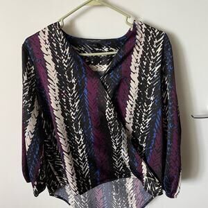 Marc New York Black/Blue/Purple/White Faux Wrap Long Sleeve Blouse Womens Small